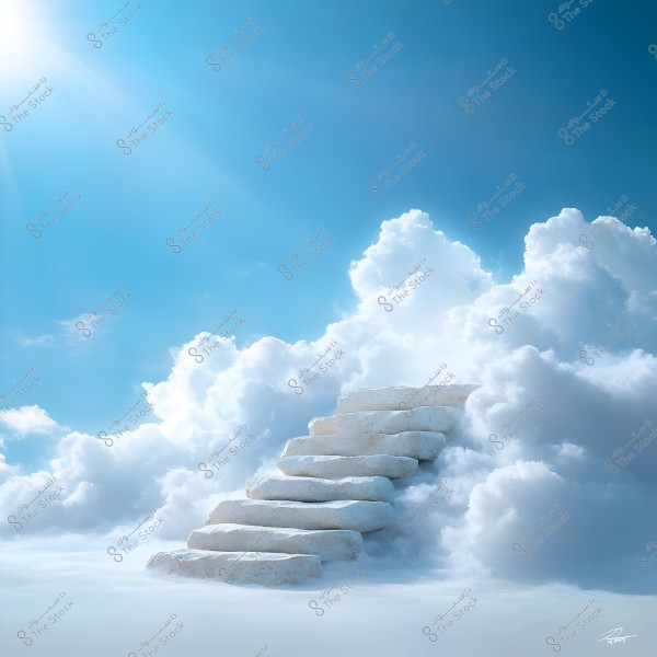 An image of a stone staircase leading into the sky, surrounded by soft white clouds under a clear blue sky. The bright sun shines from above with rays of light permeating the scene.