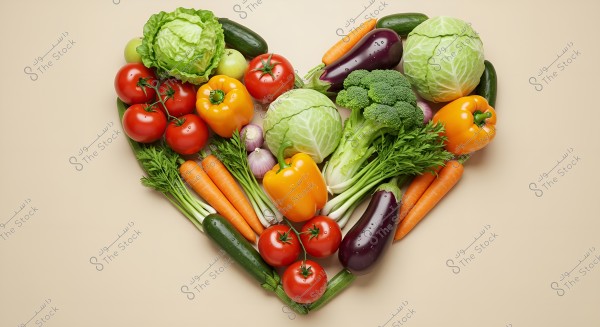 The image features a variety of fresh vegetables arranged in the shape of a heart on a light beige background. The vegetables include tomatoes, yellow bell pepper, carrots, eggplant, lettuce, broccoli, cucumber, zucchini, and green onions. Each item appears fresh and vibrant.