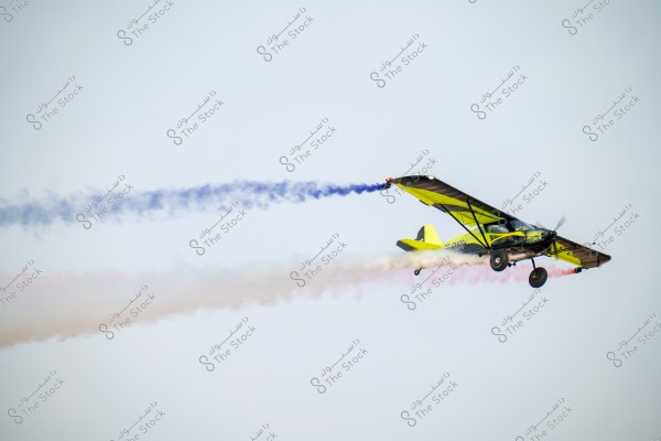 A light aircraft flying through a clear sky, emitting colorful smoke trails in blue, white, and red. The aircraft is green on the sides and bottom, with black wings.