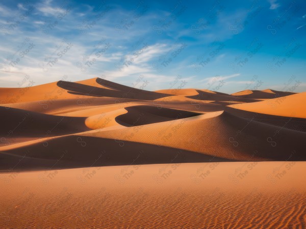 لقطة للكثبان الرملية الذهبية في الصحراء السعودية وتظهر السماء صافية  نهارًا ، الربع الخالي ، مناطق صحراوية، مصممة بواسطة الذكاء الاصطناعي