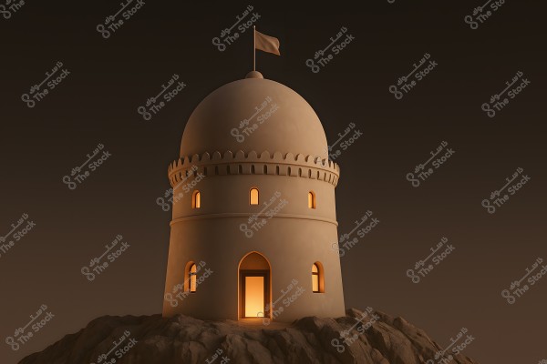 The image shows a round, traditional-style fortress with a dome and arched windows, situated atop a rocky hill. Warm orange lights illuminate the arched windows and open door, giving it an inviting appearance at night. A small flag flutters at the top, with a dark, unlit background.