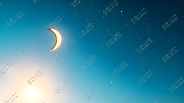 An image depicting a crescent moon illuminated in a clear sky during sunset. Tiny stars fill the sky with their sparkle, while a gentle golden light shines near the horizon.