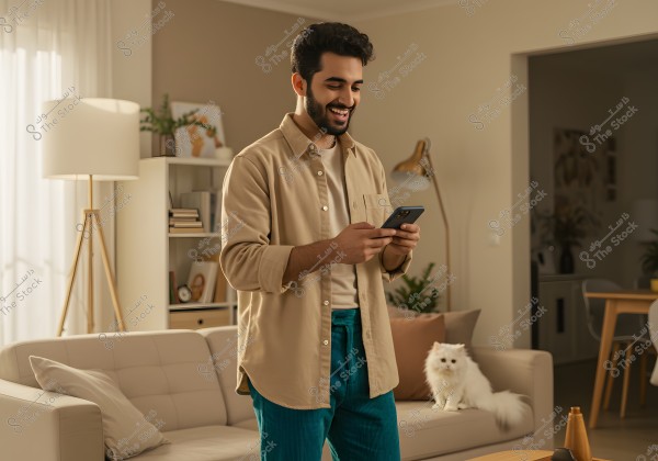 An indoor image showing a man standing in his living room holding a mobile phone and appearing to smile. The man is wearing a beige shirt and blue trousers, with a white cat sitting on the sofa beside him. The room is decorated with modern furniture, including a floor lamp and a bookshelf with some books and other decorations.
