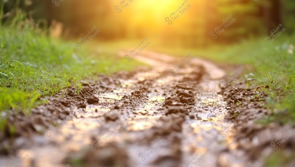A muddy path in a green forest surrounded by grass and small plants, with a golden radiant background suggesting sunrise or sunset.