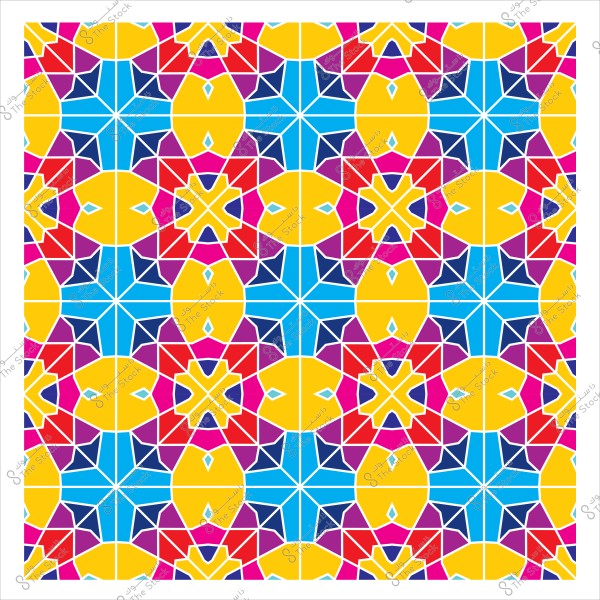 نمط هندسي ملون يتكون من أشكال هندسية متكررة بألوان الأصفر والأزرق والأحمر والأرجواني. التصميم يتميز بتعقيد وزخرفة مستوحاة من الفنون الإسلامية التقليدية.

-