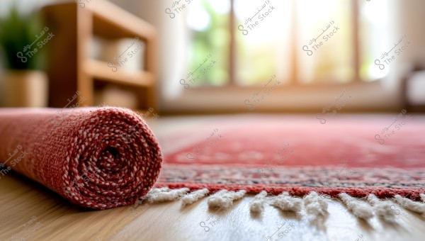 An image of a partially rolled red carpet placed on a wooden floor. The edges of the carpet are detailed, with the twisted fibers at the end highlighting the texture. In the background, bright light enters through a window, adding a sense of warmth and coziness to the scene.