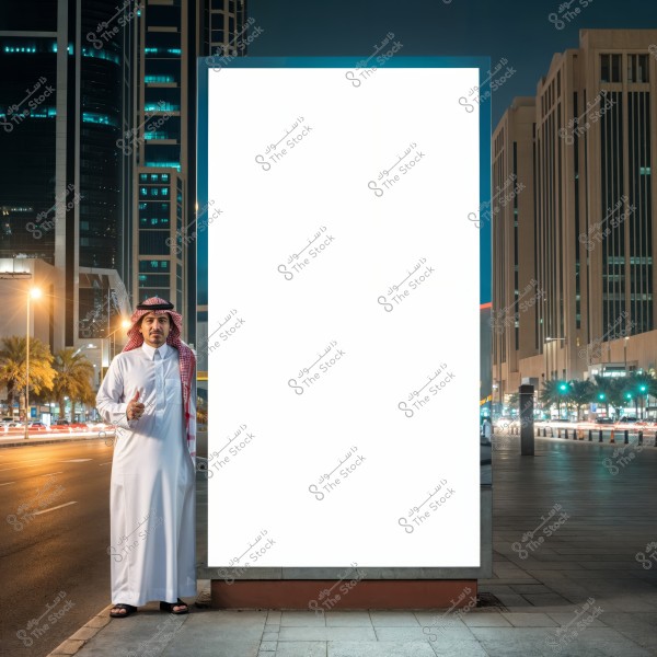 A man wearing traditional Saudi attire, including a thobe, ghutra, and agal, stands next to a large illuminated blank billboard on a city street at night. Tall buildings, bright lights, and traffic are visible in the background.