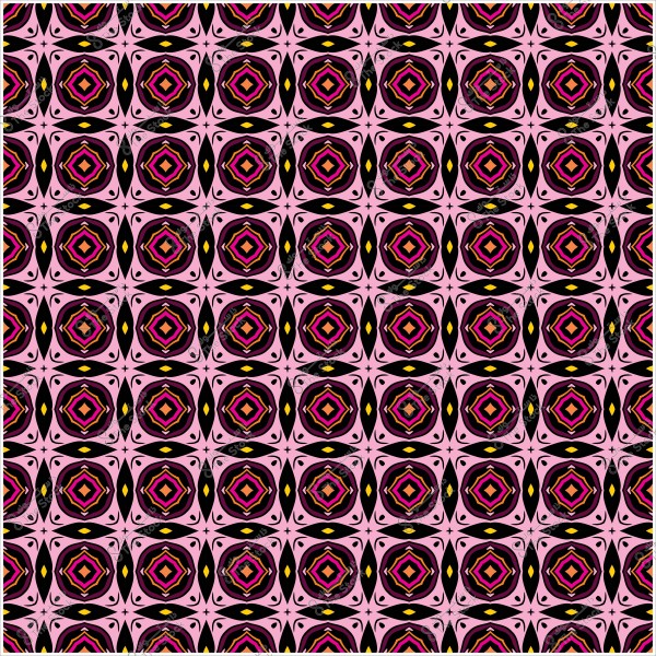 نمط متماثل مكون من أشكال دائرية مكررة بألوان وردية وسوداء وخطوط صفراء, يشبه زخرفة هندسية.