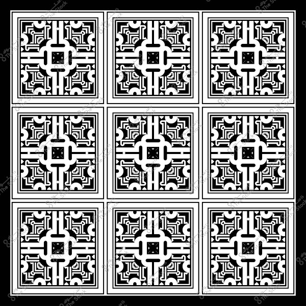 نمط زخرفي أبيض وأسود يحتوي على تسعة مربعات متطابقة بنقوش هندسية متماثلة.
