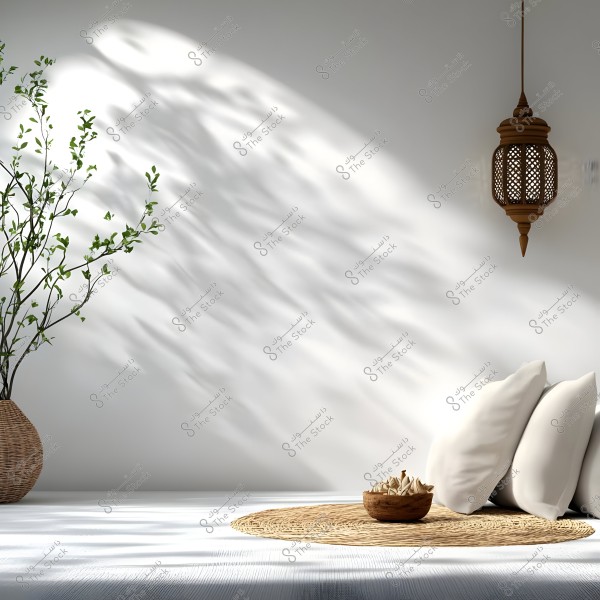 The image displays a serene and cozy corner of a living room. White cushions are arranged on a light wooden floor, accompanied by a round woven straw mat. On the wall, there are shadows of tree branches with green leaves in a wooden vase, adding a natural touch to the interior design. An Arabic lantern is hanging from the ceiling in brown tones.