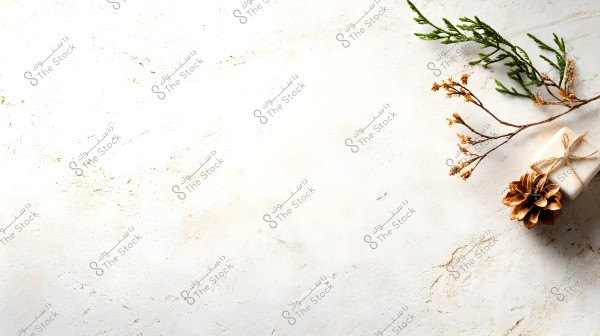 An image of natural elements placed on a white marble surface with beige tones. In the top right corner, a bar of soap tied with natural twine is visible, alongside a brown pine cone and some green and dried branches.