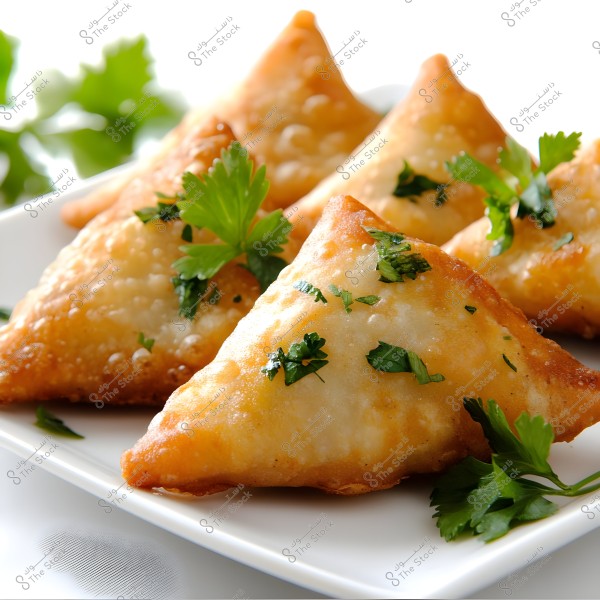 The image shows a plate containing several pieces of fried, triangular-shaped samosas with a golden-brown color, garnished with fresh parsley leaves. The pieces are arranged attractively on a white plate, with a soft background hinting at the use of parsley leaves as decoration.