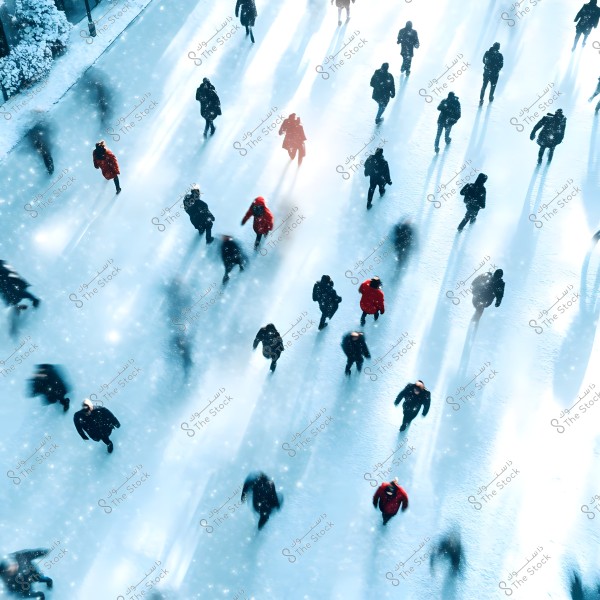 Aerial view of a group of people walking on a snow-covered path. Long shadows are cast clearly under the bright sunlight. Some individuals are wearing red coats while others wear dark-colored coats. The sunlight gives a sparkling appearance to the surrounding snow.