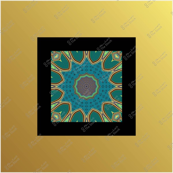 نمط فني هندسي بألوان زرقاء وخضراء وصفراء داخل إطار أسود على خلفية ذهبية.