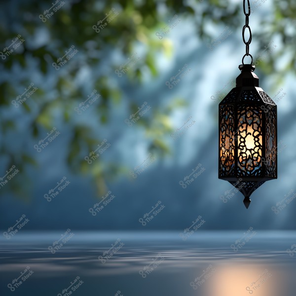 A traditional Arabic lantern with intricate patterns, hanging against a blurred background of green trees. The light emanating from the lantern creates a warm and tranquil atmosphere.