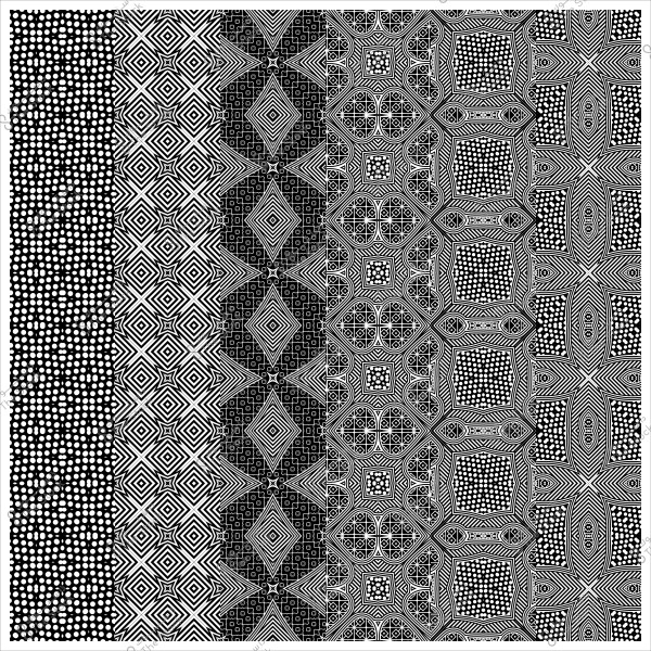 نمط هندسي أبيض وأسود يحتوي على تصميمات مختلفة في خطوط عمودية متماثلة بشكل نقاط ومربعات وأشكال هندسية متنوعة.