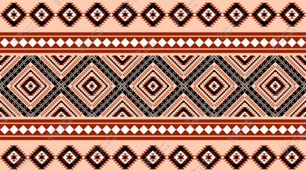 نمط هندسي متماثل يعرض تكرار الأشكال الماسية والزخارف القبلية بألوان الأسود والبني والأبيض على خلفية بيج. التصميم يجمع بين الأشكال المثلثة والتفاصيل الدقيقة, ويبدو كأنه مستوحى من الفنون التقليدية أو النسيج القبلي.