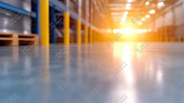 Image of a large warehouse with a shiny floor and blurred edges. Bright sunlight is visible in the background, with blue shelves and yellow columns on the sides.