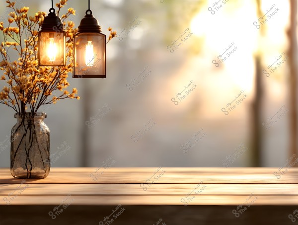 Two hanging lamps in glowing glass lanterns, surrounded by small yellow flowers in a clear vase. The scene sits on a wooden table, with the golden light of sunset softly illuminating the background.