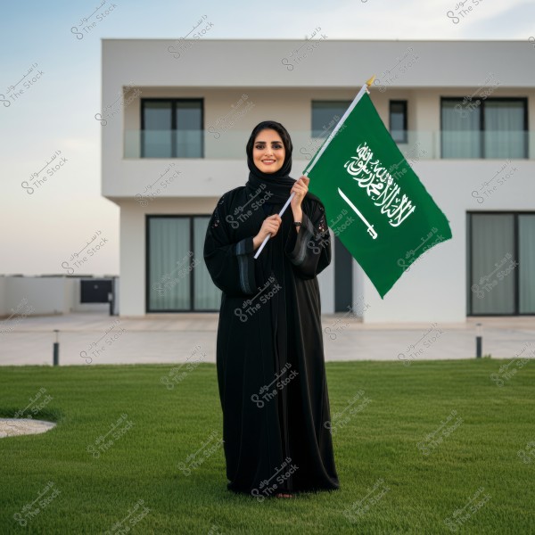 An image of a woman standing in front of a modern building, wearing a black abaya and hijab, holding the flag of Saudi Arabia. The flag is green with white Arabic script of the Shahada. The background features a modern building and a green lawn.