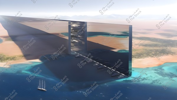 A massive futuristic building resembles a long mirror extending from the desert into the sea. The image shows the golden sands of the desert merging with the blue of the sea, with a white sailboat anchored in the blue waters. The mirror-like surface of the building reflects the light and surrounding environment.
