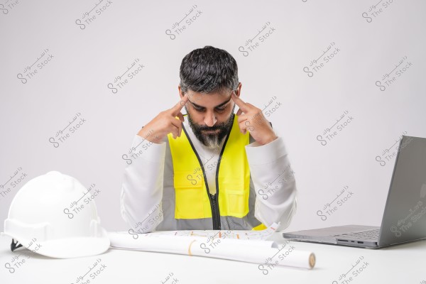 An image of a man wearing a yellow reflective vest over a traditional white thobe sitting at a desk. In front of him are a white safety helmet, a roll of blueprints, and a laptop. The man appears focused as he touches his head with both hands, studying the blueprints.