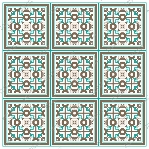 نمط هندسي مستوحى من الفن الإسلامي بمربعات ملونة بألوان البني والأزرق الفيروزي, يتميز بتصميمات متكررة.