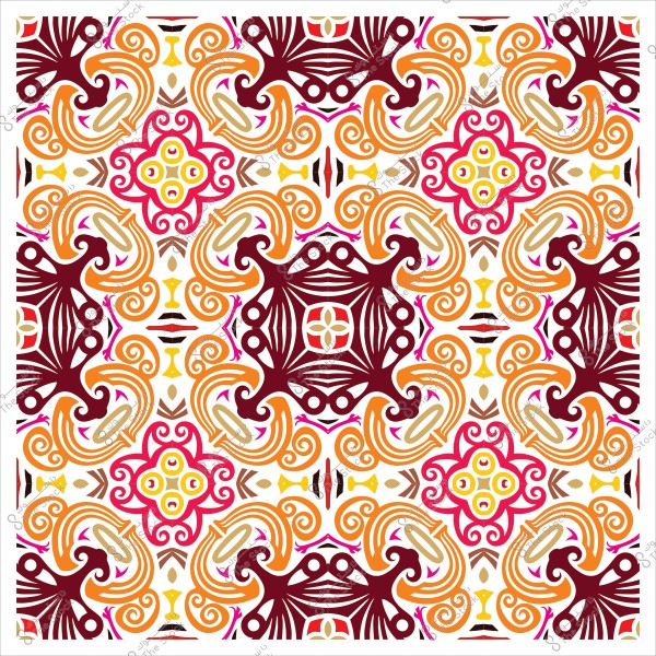 تصميم نمطي بألوان زاهية, يتضمن أشكال متشابكة باللون الأحمر والبرتقالي والأصفر.