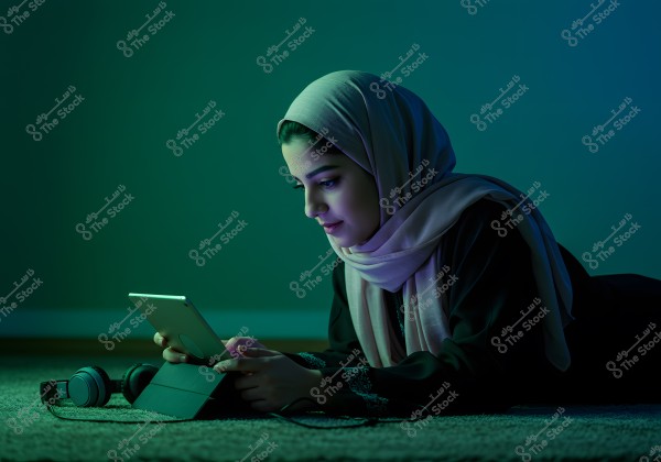 An image of a woman wearing a pink hijab and a black abaya, lying on the floor using a tablet. Headphones are placed beside her on the carpet. The lighting is dim with a bluish-green background.