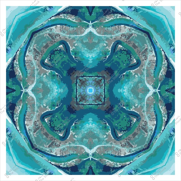 تصميم ماندالا متماثل بألوان زرقاء وخضراء وبيضاء, يشبه أشكال الطبيعة ويرمز إلى التوازن والهدوء.