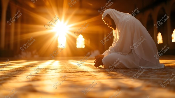An image of a man wearing traditional white Arabic clothing, sitting in a prayer position inside a mosque. The bright sunlight shines from behind, creating a spiritual ambiance in the scene.
