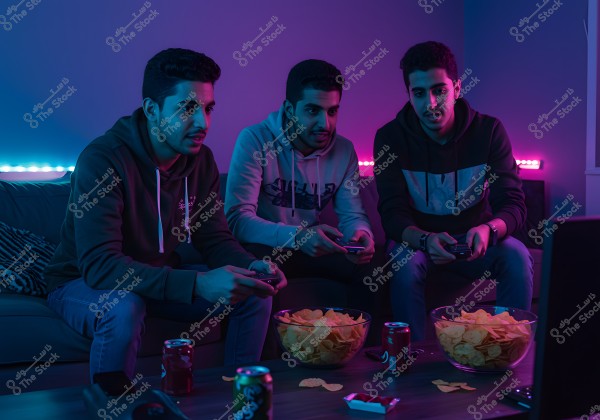 A group of three young men sitting on a couch are intensely playing video games. There are two large bowls of potato chips on the table in front of them, along with some cans of soda. The atmosphere is accented by blue and pink LED lights in the background, creating a fun mood. The young men are wearing casual clothing, such as hoodies.