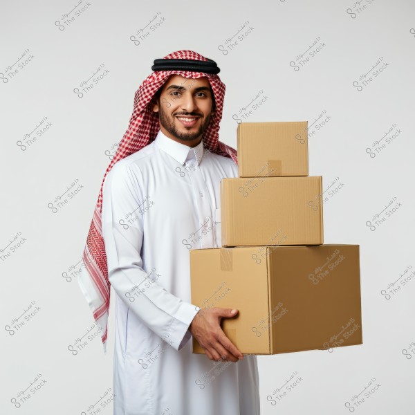 A portrait of a man wearing a white thobe and a red and white ghutra, holding three brown cardboard boxes. The man is standing with a smile on his face against a white background, giving a simple and clean impression. The clothing indicates traditional Saudi style.