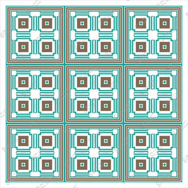 Repeating geometric design with brown, blue, and white colors in interlocking squares.