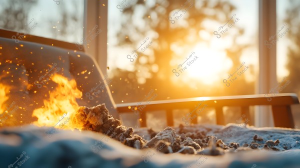 The image shows flames burning in an enclosed space, with embers and ash scattered in the foreground. In the background, sunlight reflects through the window, creating a warm and soothing glow. The fire appears to be part of a fireplace or stove in a living area.