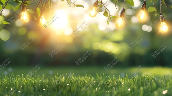 A natural scene featuring a garden with lush green grass in the foreground under twilight light. Hanging from above are strings of glowing light bulbs, suspended from tree branches with green leaves, creating a warm and serene atmosphere. The background is blurred, showcasing green and yellow hues that suggest a softly illuminated natural setting.