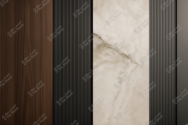 A wall panel consisting of three vertical sections. The first section on the left shows a dark wood color with a wood grain pattern, the middle section features a white marble-like texture with distinctive dark veins, and the third section on the right displays fine vertical stripes in a dark black color.