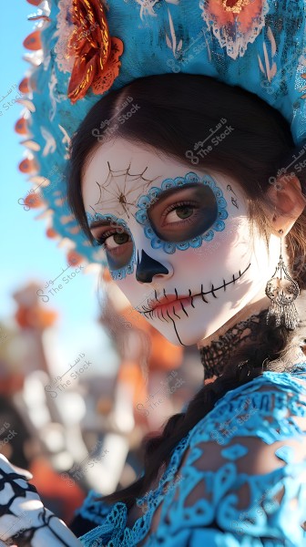 A portrait of a woman celebrating the Day of the Dead, wearing traditional Mexican attire. Her face is painted with skull motifs and floral decorations in blue and black, and she has a hat adorned with bright flowers. She is wearing a blue lace dress with intricate earrings. The background is blurred with orange colors and abstract shapes.