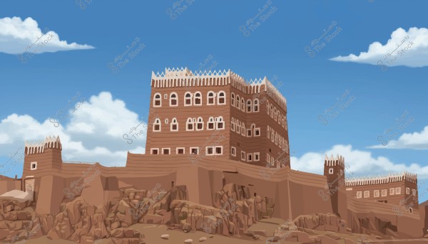 An image depicting a traditional Najran saudia arabia building with multiple floors made of red clay, situated on a rocky hill. It features arched windows and white decorative elements at the top of the walls. In the background, the blue sky with some white clouds enhances the beauty and antiquity of the structure.