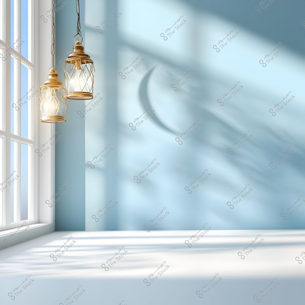 Two golden hanging lanterns with an oriental style dangle in front of a large glass window, where light streams through and casts shadows on a pale blue wall. A crescent moon shape is subtly formed on the wall beside the flowing light, adding a serene and pure atmosphere to the scene. The background is simple and smooth, providing a sense of calm and tranquility.