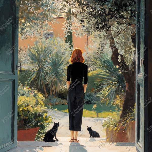 An image depicting a woman with red hair standing at the threshold of an open door, looking out onto a sunny garden filled with trees and plants. She is dressed in black clothes, including a shirt and pants, and two black cats sit nearby on the ground. The garden is lush with greenery, and an orange-toned building is visible in the background.