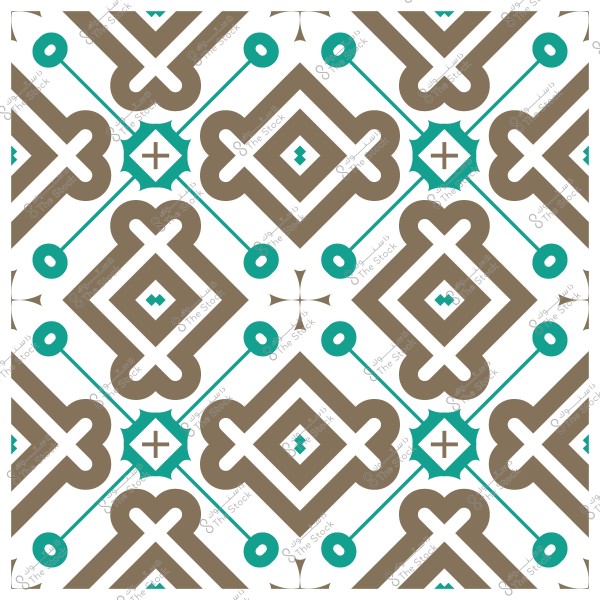 تصميم زخرفي هندسي بأشكال متكررة باللونين البني والأزرق الفيروزي على خلفية بيضاء.