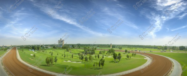 Panoramic view of a horse racing track surrounded by expansive green areas. In the center, there are large architectural buildings with a distinctive design featuring several towers with conical roofs. The green lawns surround the towers and track. The sky is clear with some light clouds scattered.