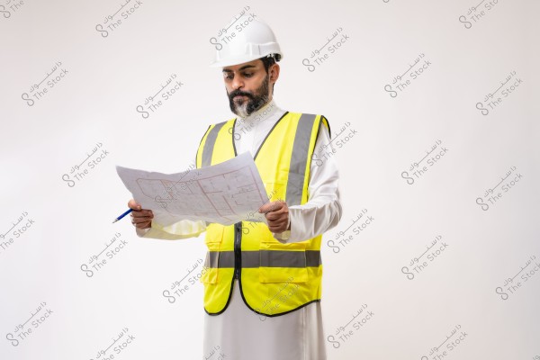 Image of a man wearing a construction helmet and yellow reflective vest, holding an architectural blueprint. He appears to be wearing traditional Gulf attire underneath the vest. The background is a simple white.