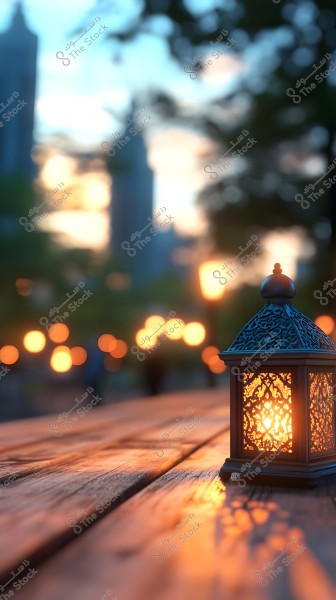 A traditional Arabic lantern glowing on a wooden outdoor table at sunset. Other lanterns appear as blurred lights in the background, with trees and distant buildings creating a peaceful and serene atmosphere.