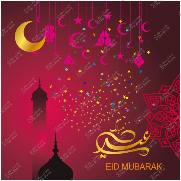تصميم باللون الأحمر مع هلال وأشكال هندسية وزينة تشبه النجوم, وكلمة \"عيد مبارك\" بالخط العربي.