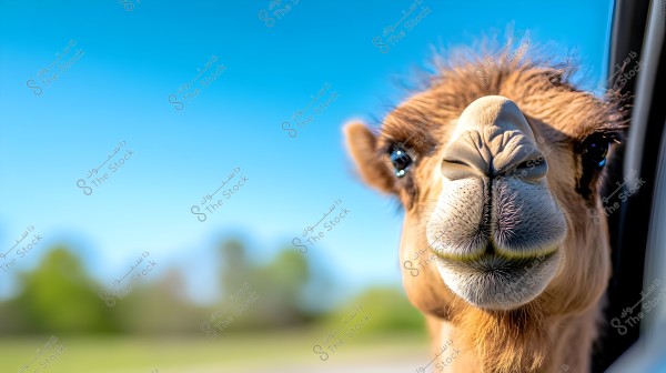 A camel peering through a car window, with its face clearly visible against a backdrop of clear blue sky and distant green trees. The camel appears curious, showcasing detailed features such as its nose and hair around its eyes.