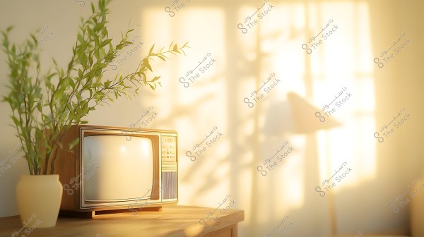 An image of a cozy room with soft shadow patterns from a window frame on the wall in the background. On the table, there is a vintage television set next to a plant in a vase. The golden light adds a comfortable and nostalgic feel to the room.