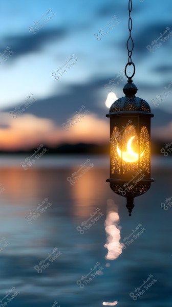 A decorative metal lantern hangs, illuminated with a warm light, featuring a crescent shape in its center. The lantern is suspended above a water surface reflecting the serene colors of a sunset sky blending blue and orange hues.