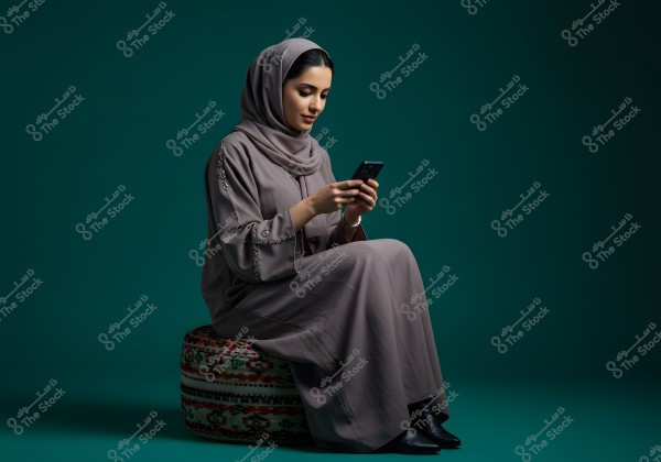 Image of a woman wearing a dark gray abaya and hijab, sitting on a round stool covered with traditional patterns. She is holding a mobile phone and looking at it intently. The background is dark green, highlighting her features and clothing. Her hair is neatly styled under the hijab, and she is wearing dark shoes.
